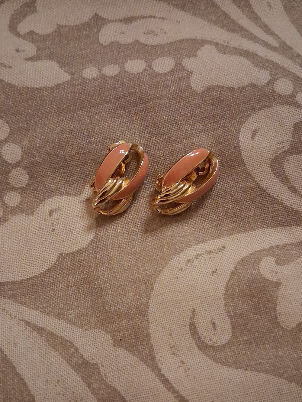 Gold and Peach Enamel Women's Clip-On Earrings